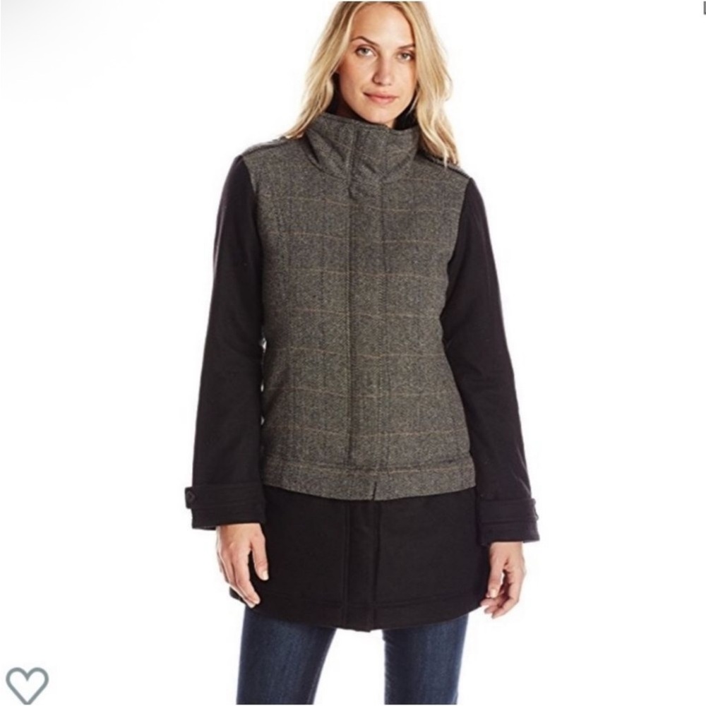 Prana Womens S Caprise Herringbone Convertible Length Wool Blend Coat Gray/Black
